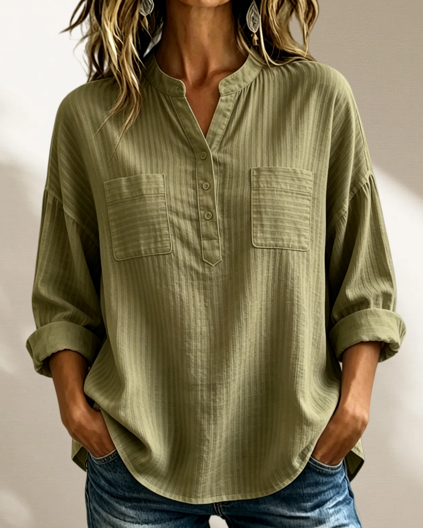 New Arrival 🔥 Women's Casual Loose Cotton-Linen Shirt with V-Neck and Long Sleeves