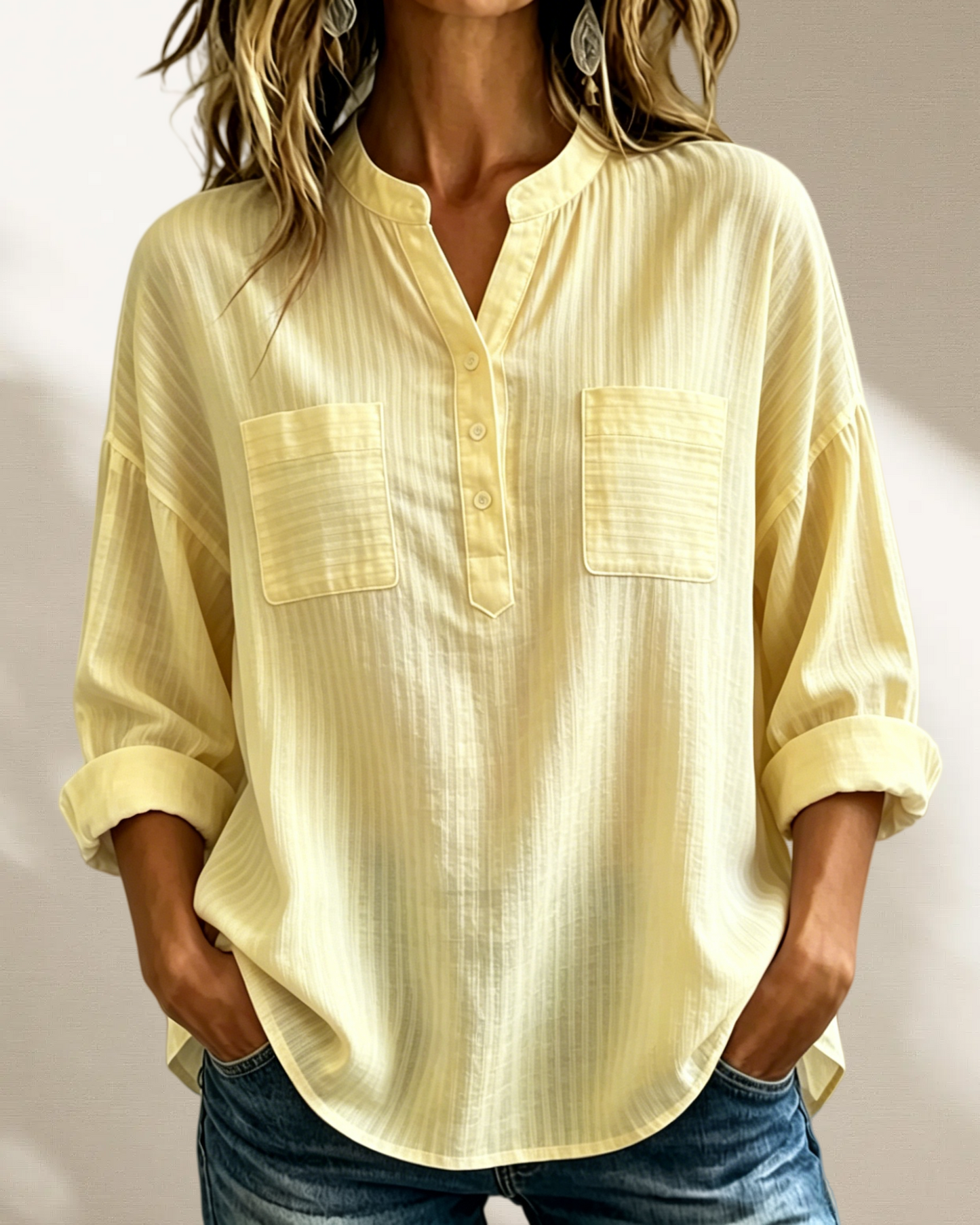 New Arrival 🔥 Women's Casual Loose Cotton-Linen Shirt with V-Neck and Long Sleeves