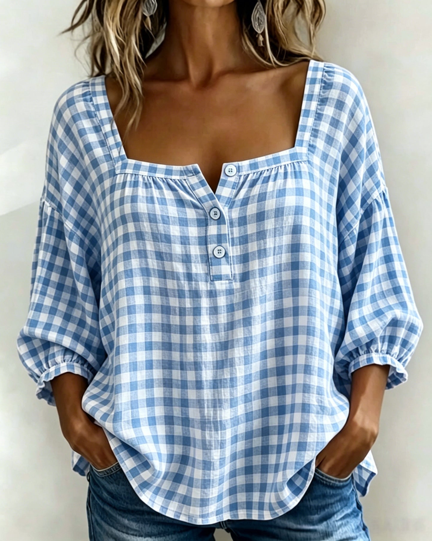 🌸Today 50% OFF🌸Women’s Cotton Linen Gingham Square-Neck Short-Sleeve Top