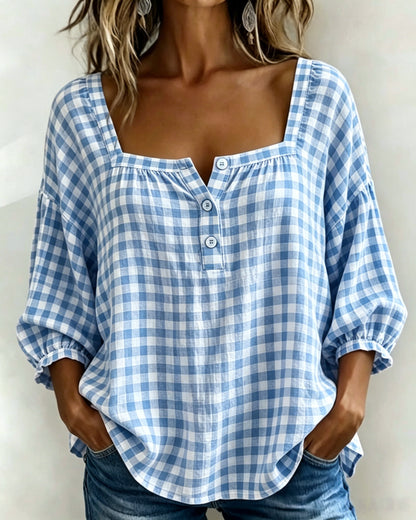 🌸Today 50% OFF🌸Women’s Cotton Linen Gingham Square-Neck Short-Sleeve Top