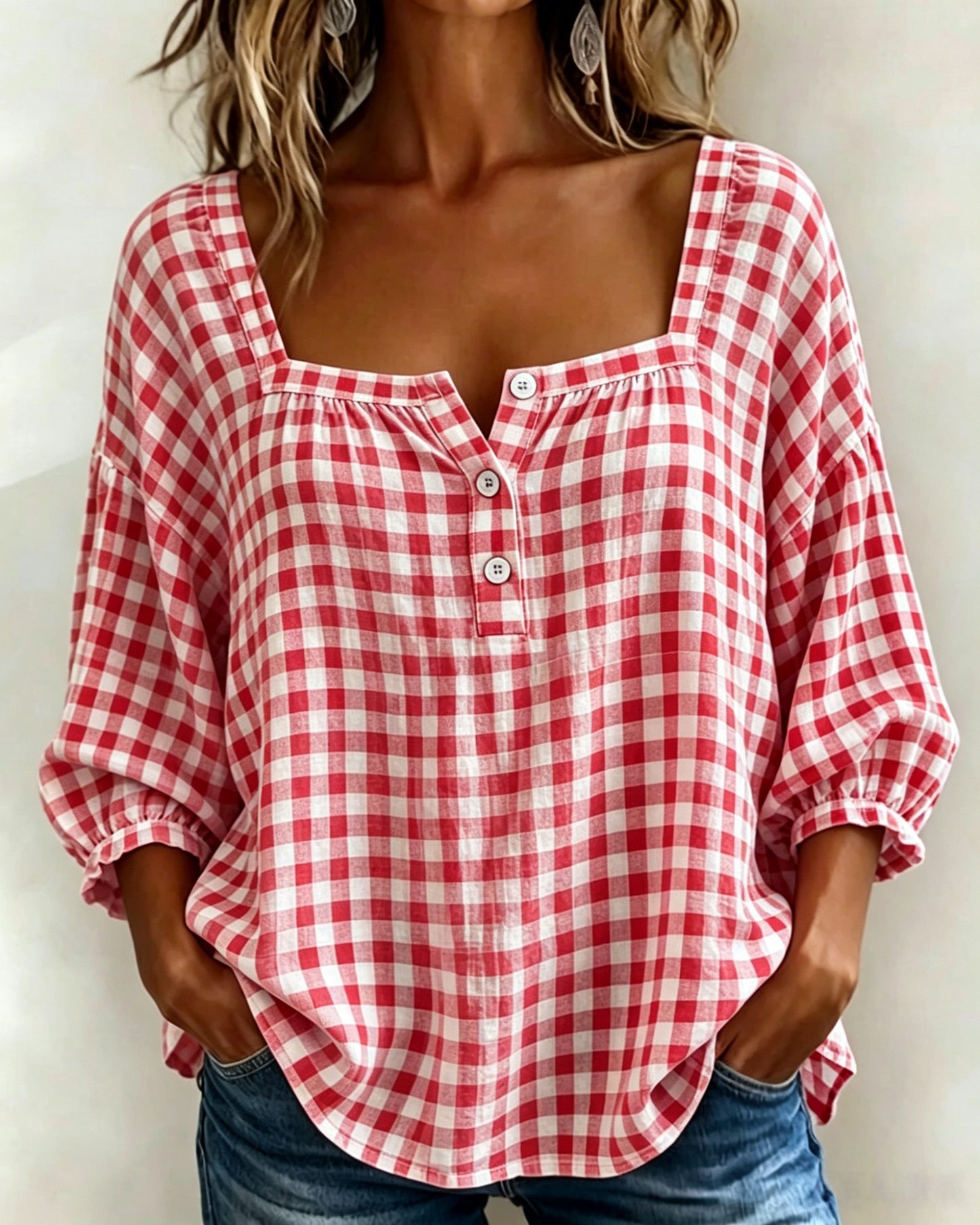 🌸Today 50% OFF🌸Women’s Cotton Linen Gingham Square-Neck Short-Sleeve Top