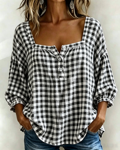🌸Today 50% OFF🌸Women’s Cotton Linen Gingham Square-Neck Short-Sleeve Top