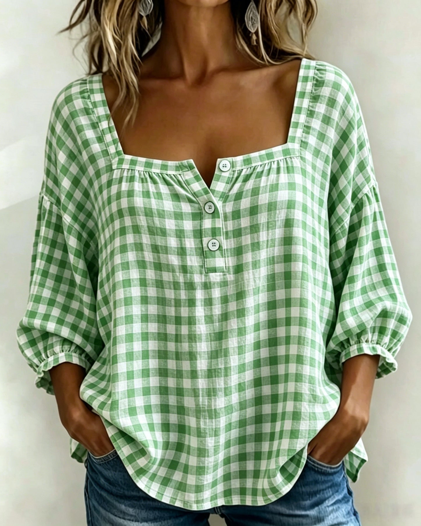 🌸Today 50% OFF🌸Women’s Cotton Linen Gingham Square-Neck Short-Sleeve Top
