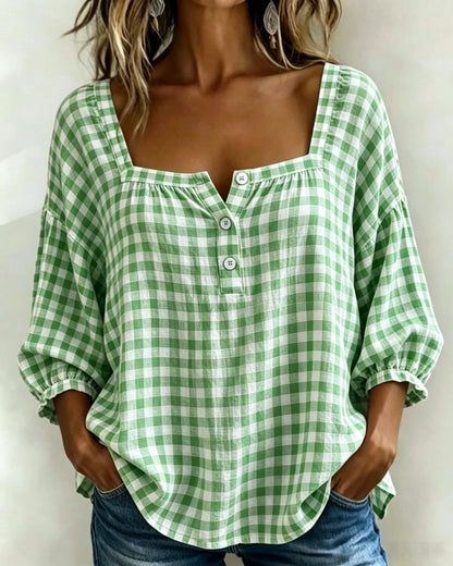 🌸Today 50% OFF🌸Women’s Cotton Linen Gingham Square-Neck Short-Sleeve Top