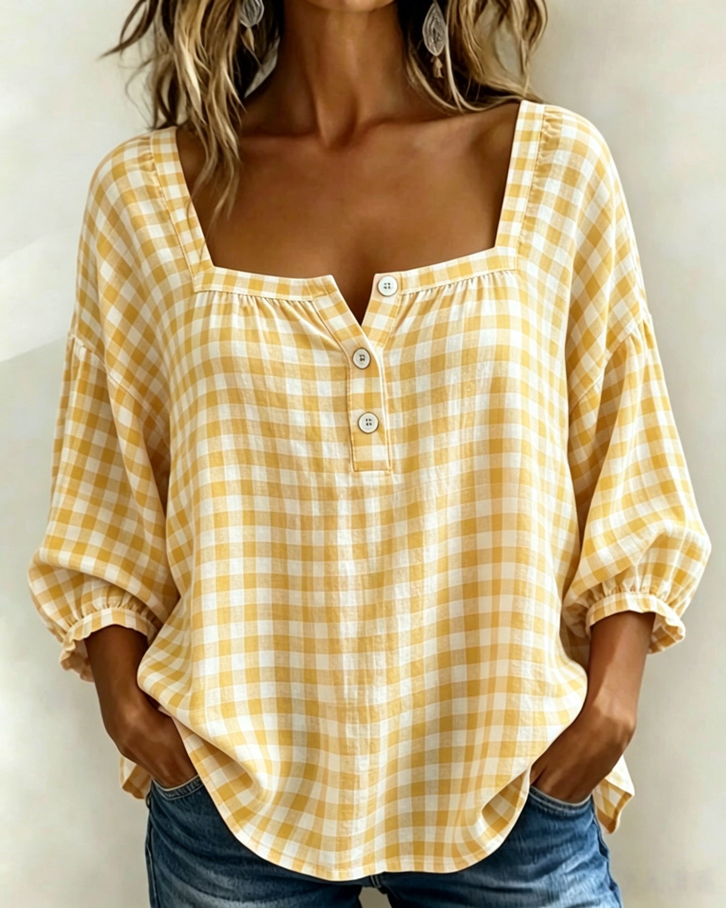 🌸Today 50% OFF🌸Women’s Cotton Linen Gingham Square-Neck Short-Sleeve Top