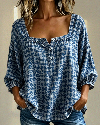 ⚡Today 49% OFF⚡Women’s Cotton Linen Leopard Square-Neck Top