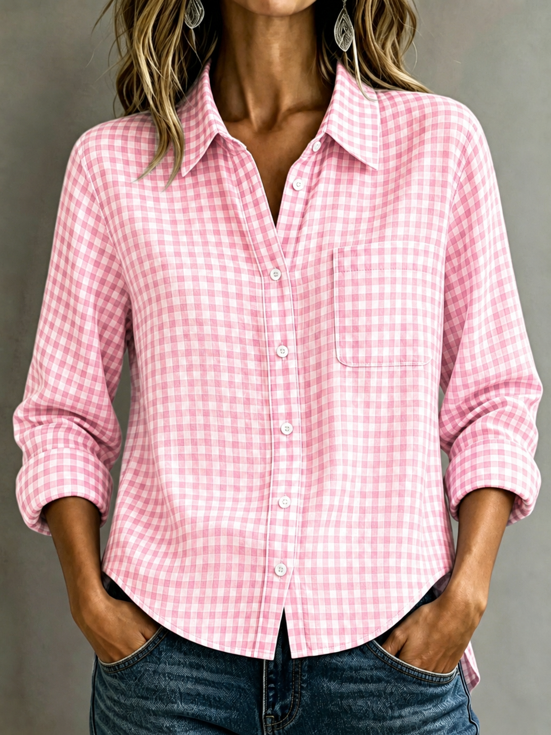 🔥CLEARANCE SALE🔥Women's Cotton-Linen Plaid Shirt with Collar and Pockets