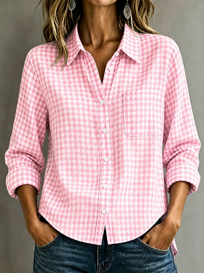 🔥CLEARANCE SALE🔥Women's Cotton-Linen Plaid Shirt with Collar and Pockets