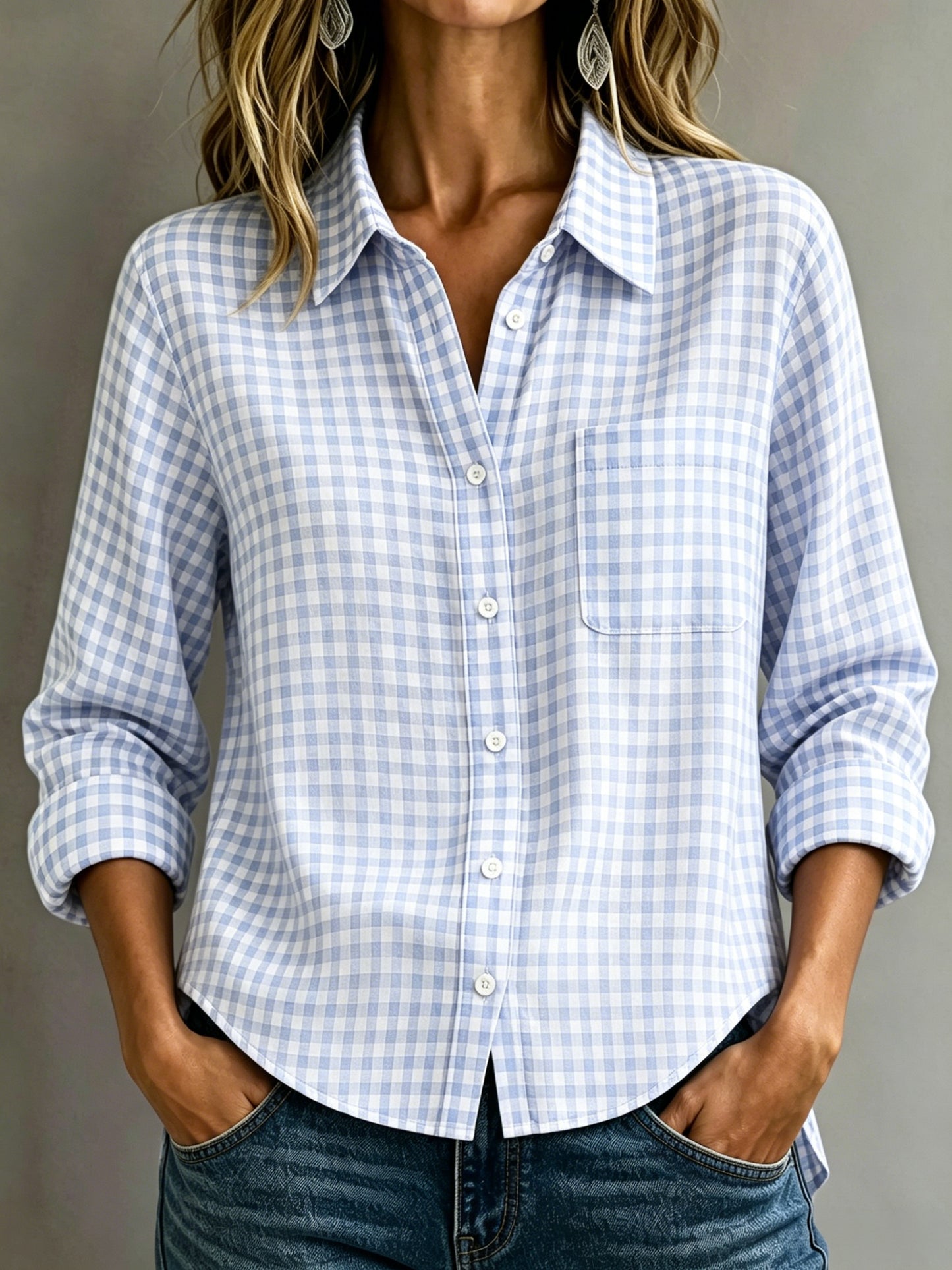 🔥CLEARANCE SALE🔥Women's Cotton-Linen Plaid Shirt with Collar and Pockets