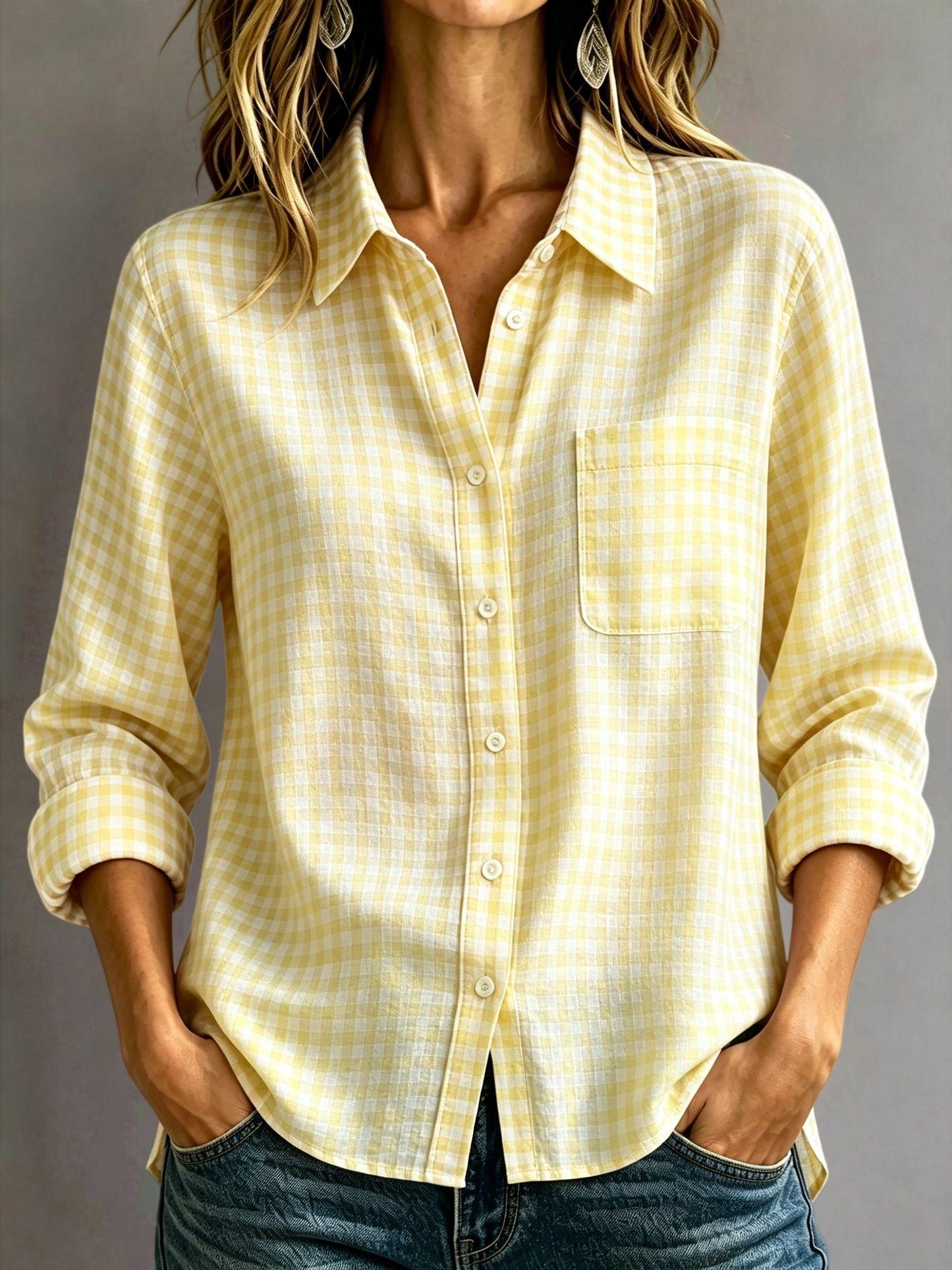 🔥CLEARANCE SALE🔥Women's Cotton-Linen Plaid Shirt with Collar and Pockets