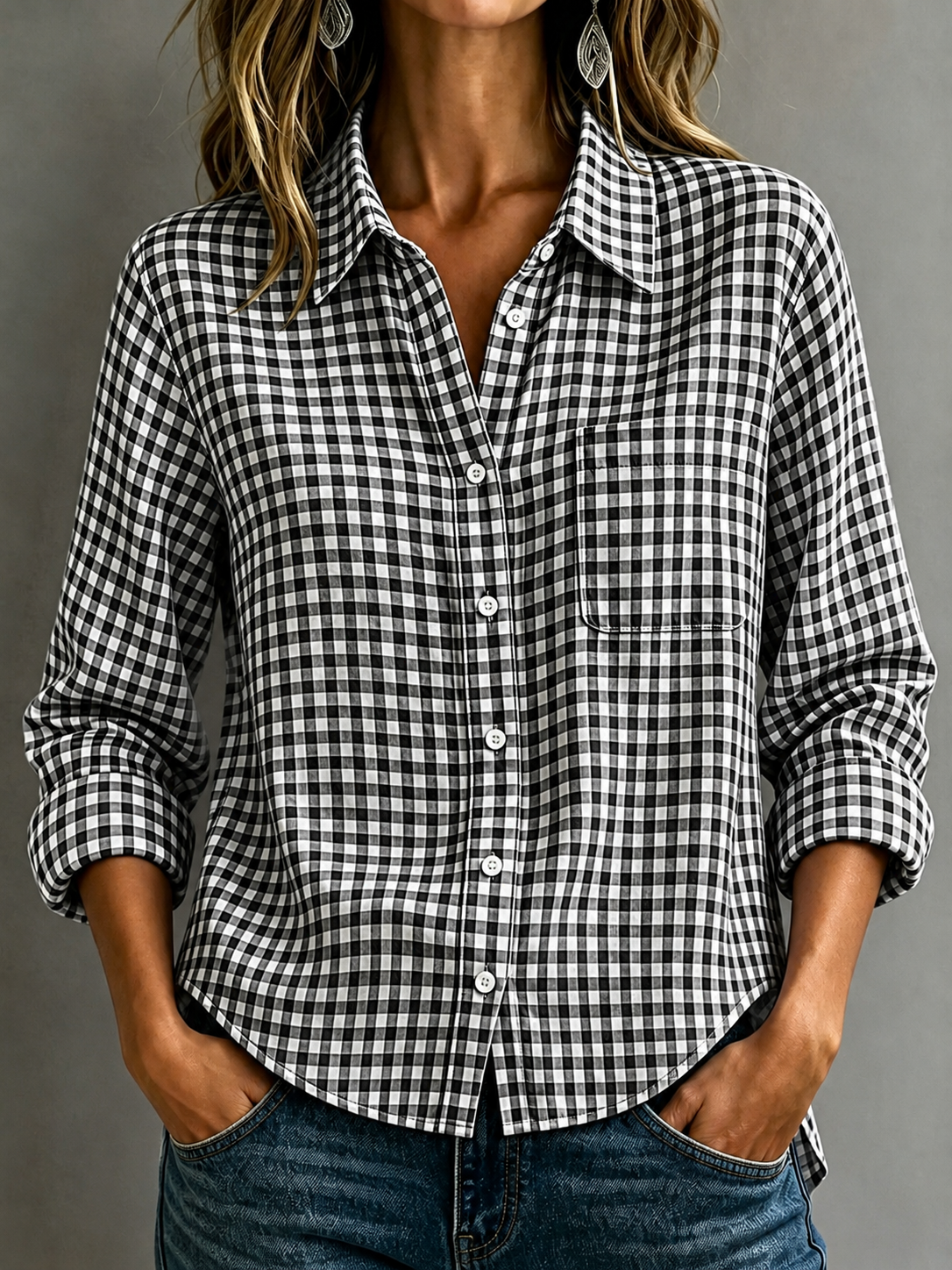 🔥CLEARANCE SALE🔥Women's Cotton-Linen Plaid Shirt with Collar and Pockets