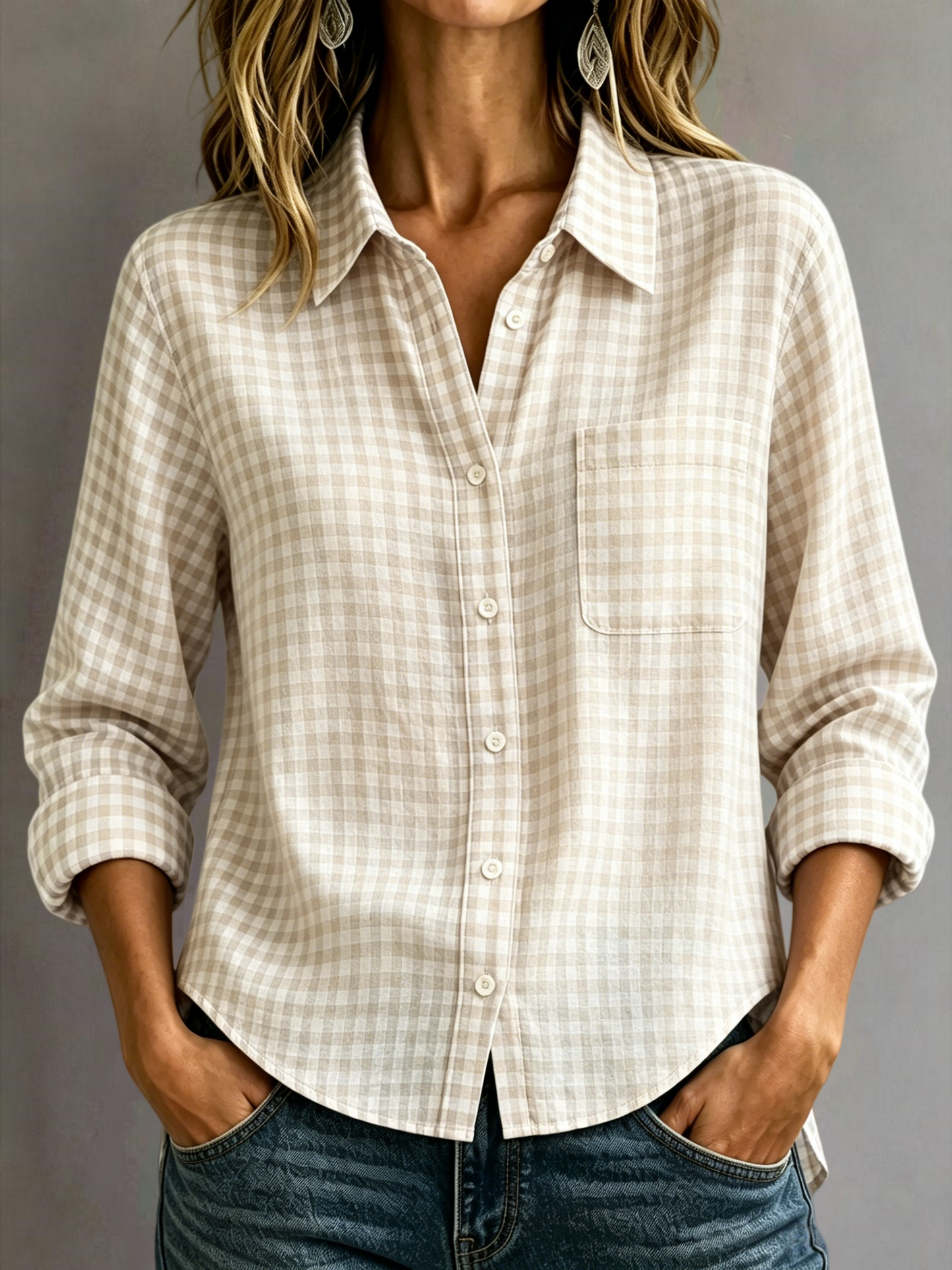 🔥CLEARANCE SALE🔥Women's Cotton-Linen Plaid Shirt with Collar and Pockets