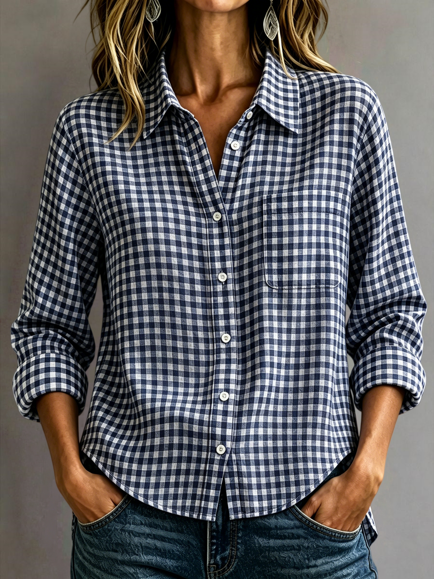🔥CLEARANCE SALE🔥Women's Cotton-Linen Plaid Shirt with Collar and Pockets