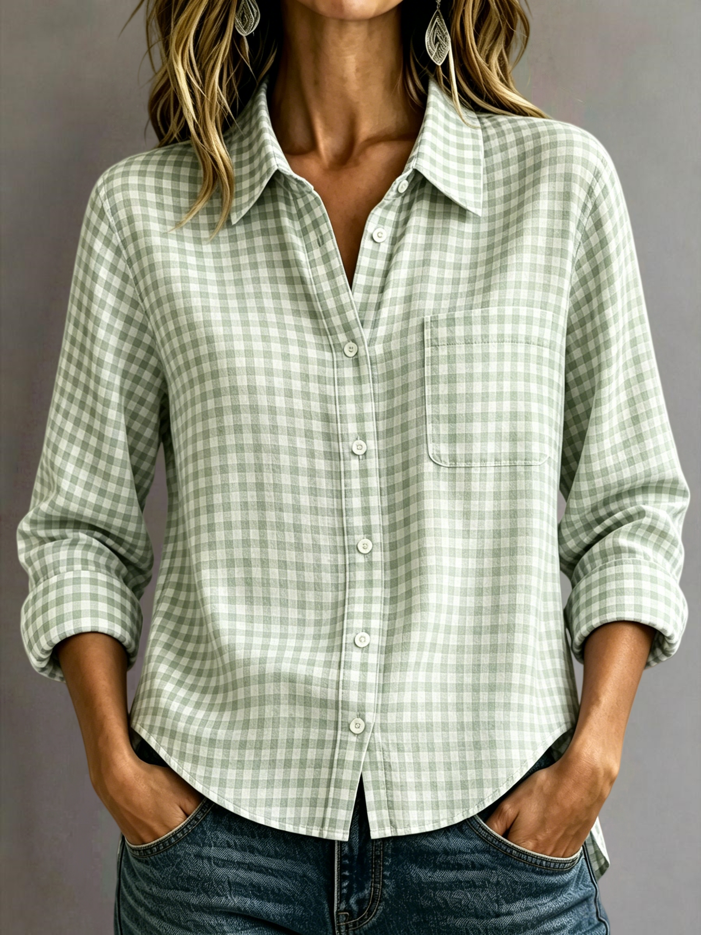 🔥CLEARANCE SALE🔥Women's Cotton-Linen Plaid Shirt with Collar and Pockets