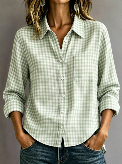 🔥CLEARANCE SALE🔥Women's Cotton-Linen Plaid Shirt with Collar and Pockets