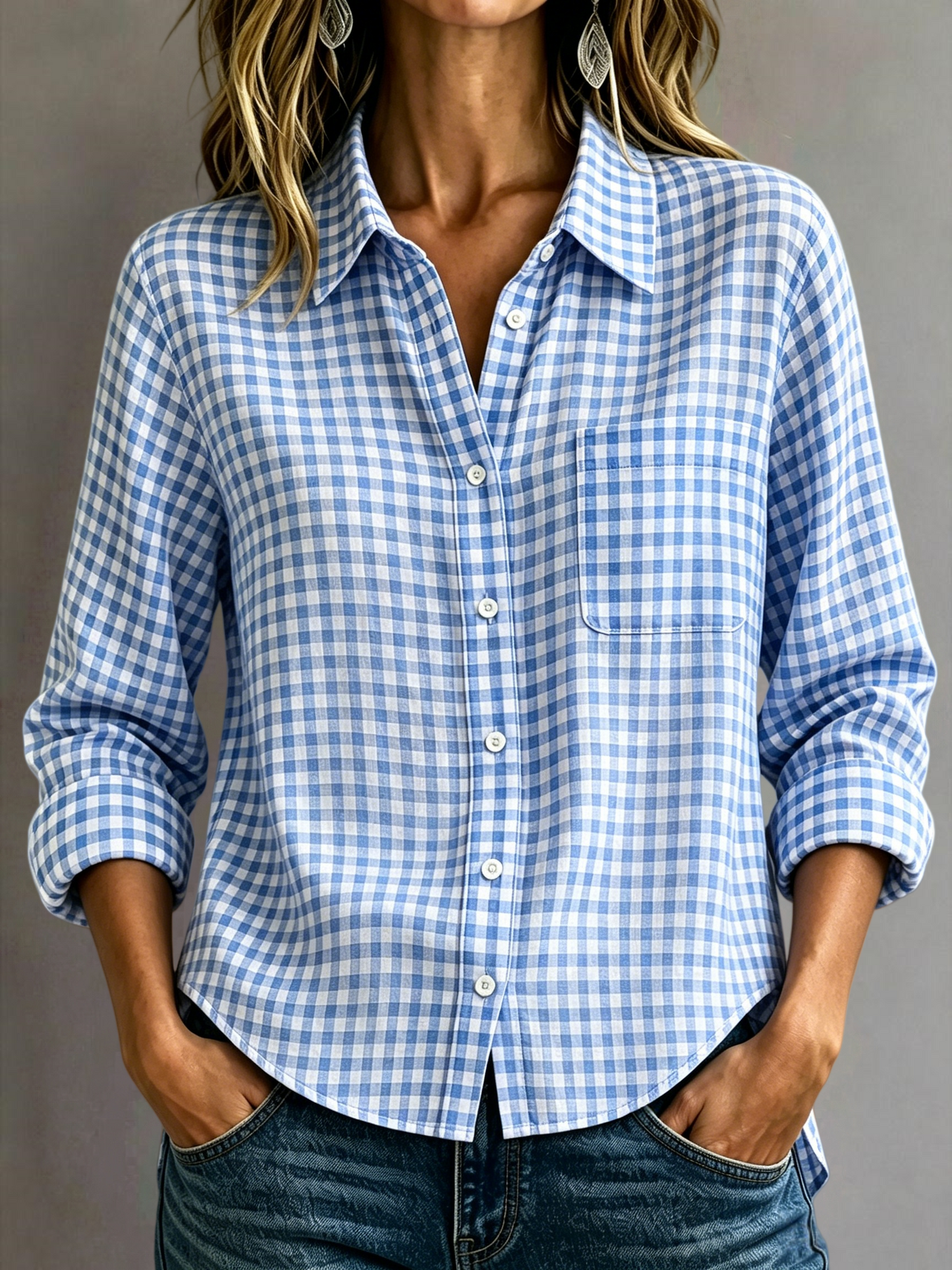 🔥CLEARANCE SALE🔥Women's Cotton-Linen Plaid Shirt with Collar and Pockets