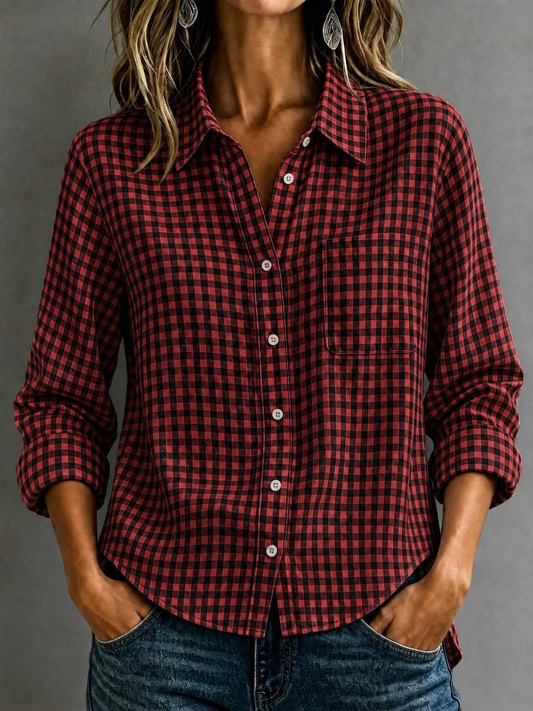 🔥CLEARANCE SALE🔥Women's Cotton-Linen Plaid Shirt with Collar and Pockets