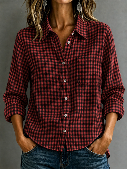 🔥CLEARANCE SALE🔥Women's Cotton-Linen Plaid Shirt with Collar and Pockets