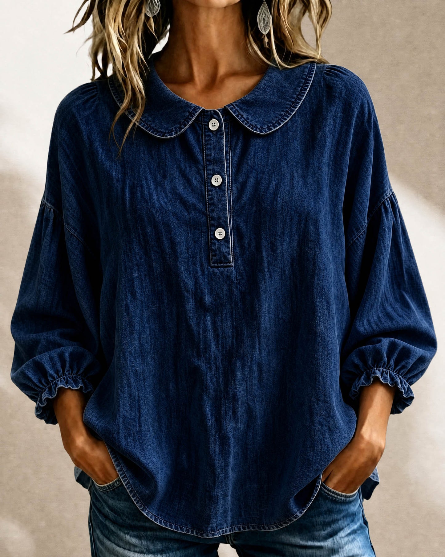🔥CLEARANCE SALE🔥Women’s Denim Peter-Pan-Collar Three-Quarter Sleeve Top