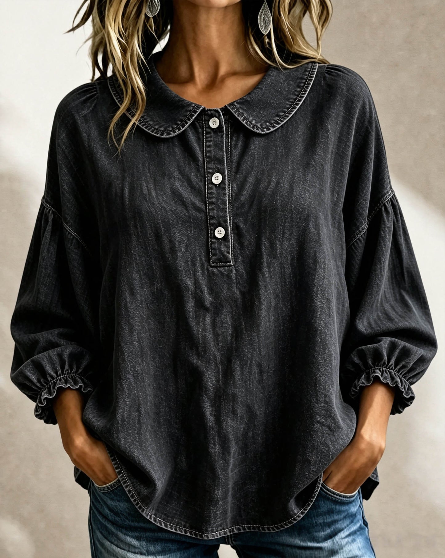 🔥CLEARANCE SALE🔥Women’s Denim Peter-Pan-Collar Three-Quarter Sleeve Top