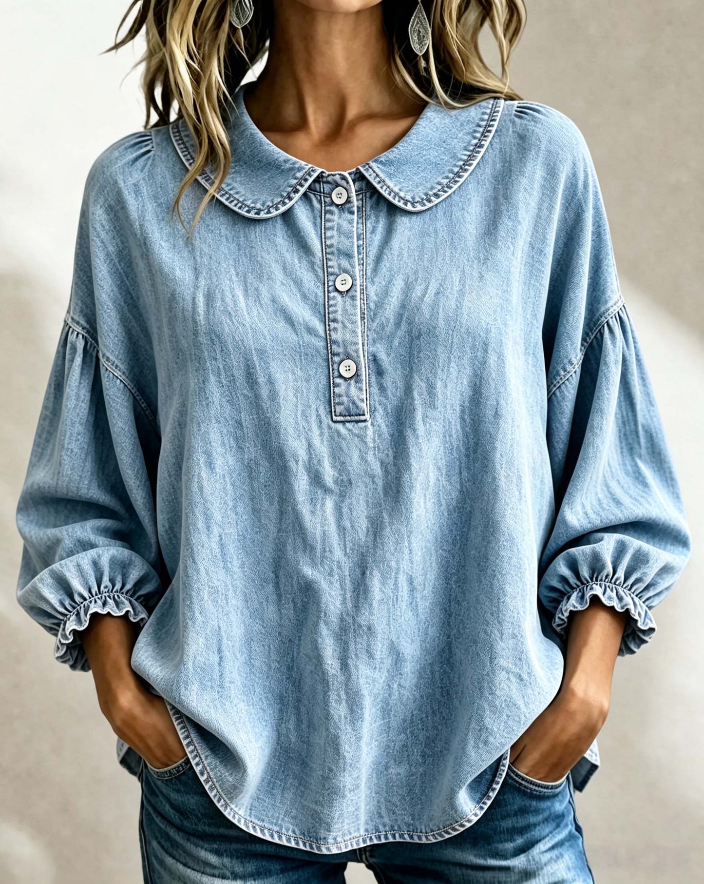 🔥CLEARANCE SALE🔥Women’s Denim Peter-Pan-Collar Three-Quarter Sleeve Top