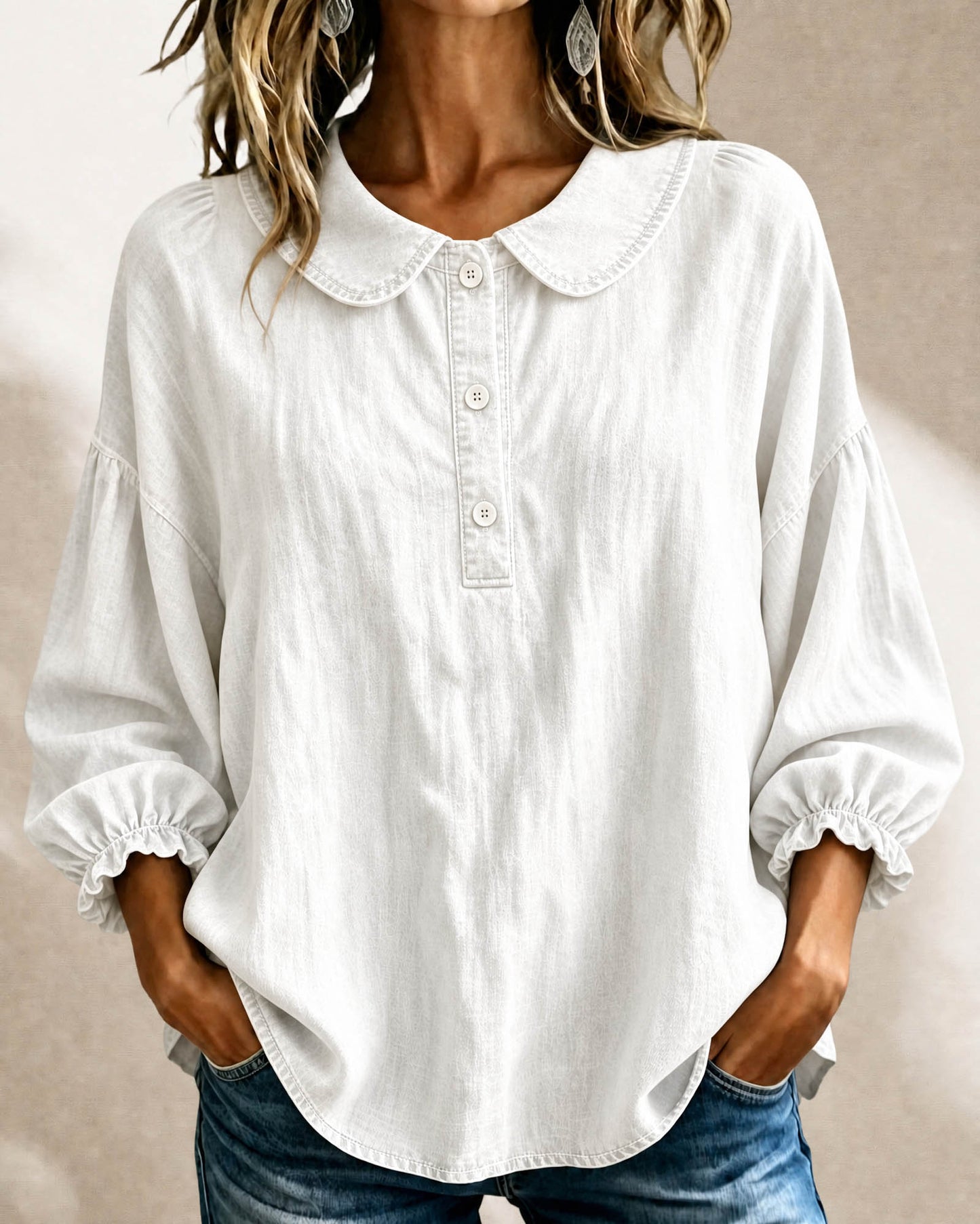 🔥CLEARANCE SALE🔥Women’s Denim Peter-Pan-Collar Three-Quarter Sleeve Top