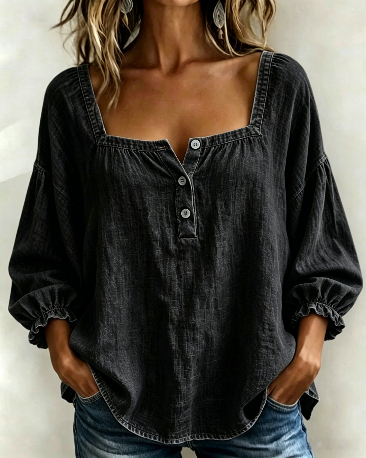 🔥CLEARANCE SALE🔥Women’s Denim Square-Neck Three-Quarter Sleeve Top