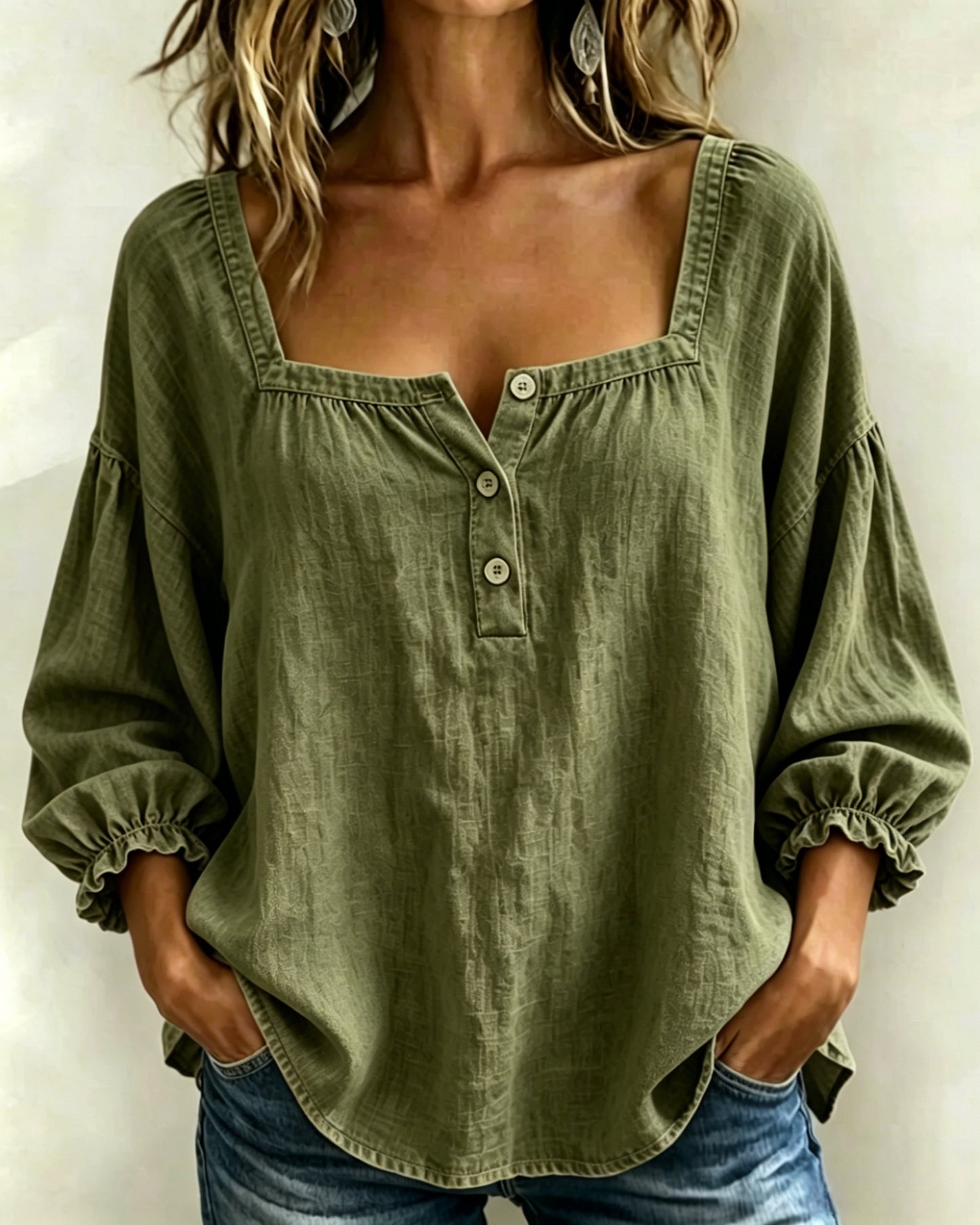 🔥CLEARANCE SALE🔥Women’s Denim Square-Neck Three-Quarter Sleeve Top