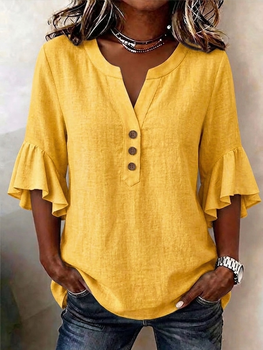 🔥CLEARANCE SALE🔥Women's Solid-color V-neck 3/4-sleeve Casual Loose Cotton-linen Top