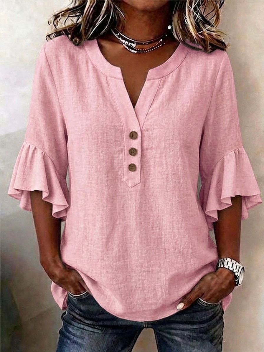 🔥CLEARANCE SALE🔥Women's Solid-color V-neck 3/4-sleeve Casual Loose Cotton-linen Top