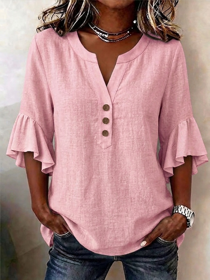 🔥CLEARANCE SALE🔥Women's Solid-color V-neck 3/4-sleeve Casual Loose Cotton-linen Top