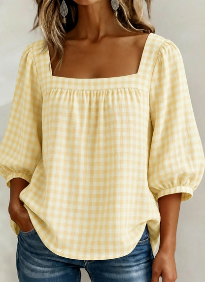 🔥CLEARANCE SALE🔥Women's Square-neck Short-sleeved Casual Plaid Loose Seersucker Top
