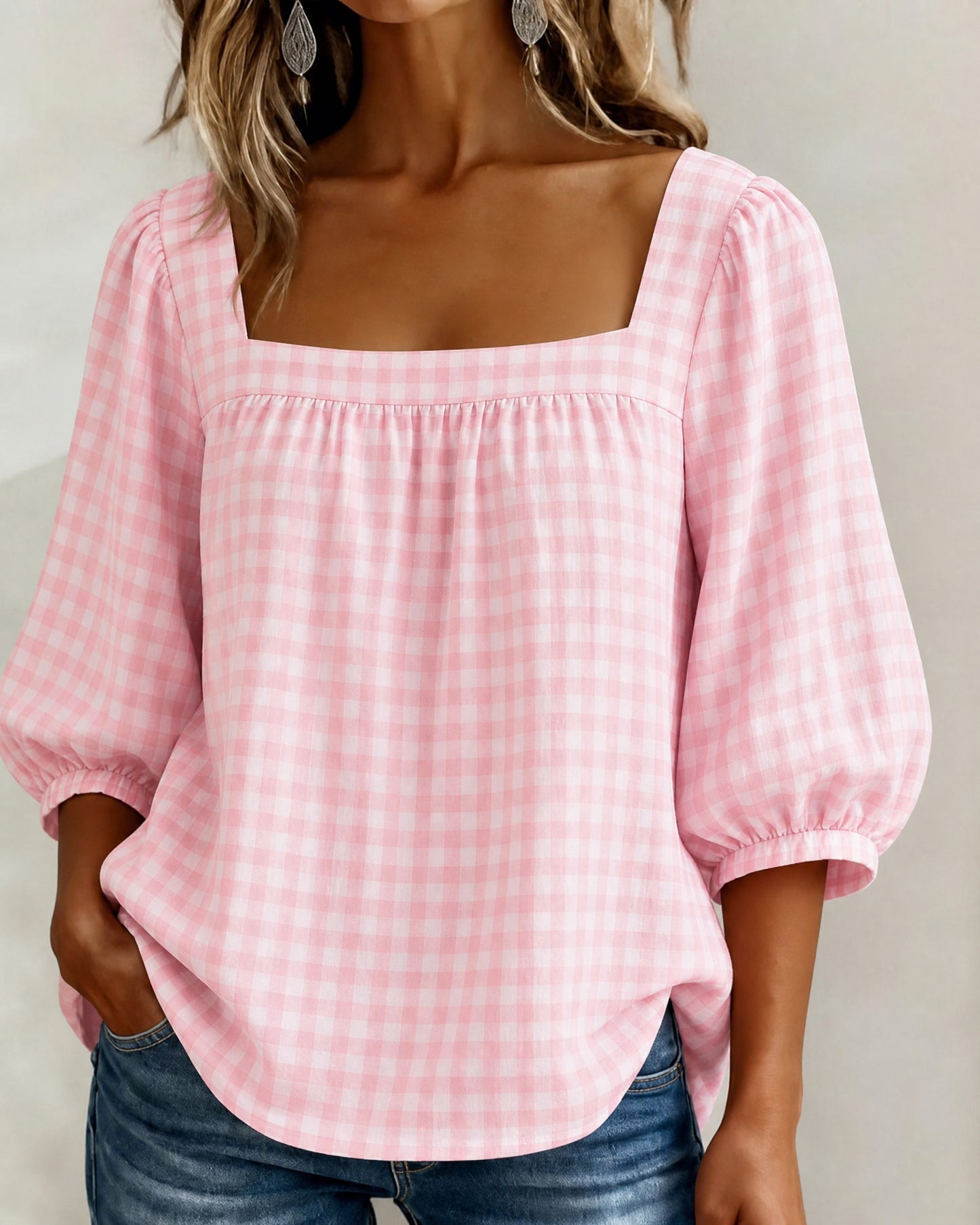 🔥CLEARANCE SALE🔥Women's Square-neck Short-sleeved Casual Plaid Loose Seersucker Top
