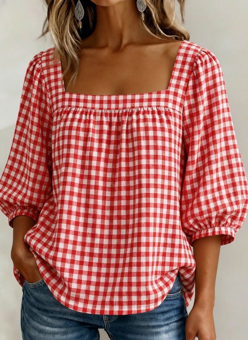 🔥CLEARANCE SALE🔥Women's Square-neck Short-sleeved Casual Plaid Loose Seersucker Top