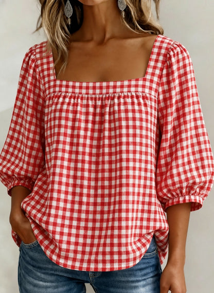 🔥CLEARANCE SALE🔥Women's Square-neck Short-sleeved Casual Plaid Loose Seersucker Top