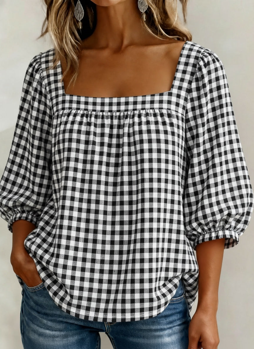 🔥CLEARANCE SALE🔥Women's Square-neck Short-sleeved Casual Plaid Loose Seersucker Top