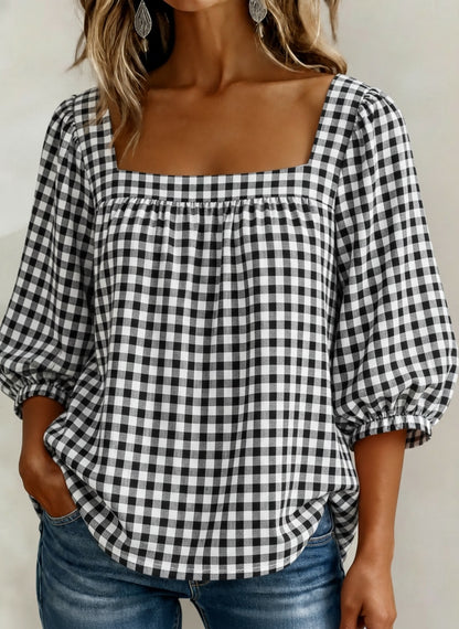🔥CLEARANCE SALE🔥Women's Square-neck Short-sleeved Casual Plaid Loose Seersucker Top