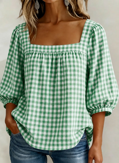 🔥CLEARANCE SALE🔥Women's Square-neck Short-sleeved Casual Plaid Loose Seersucker Top