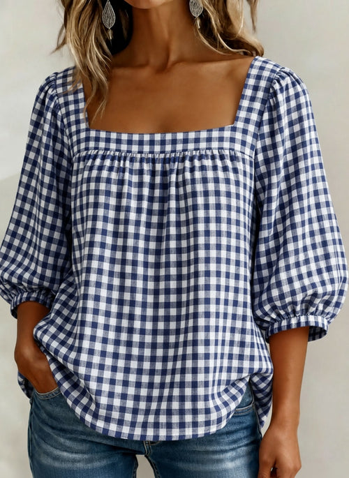 🔥CLEARANCE SALE🔥Women's Square-neck Short-sleeved Casual Plaid Loose Seersucker Top