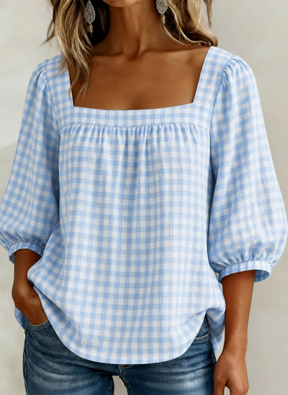 🔥CLEARANCE SALE🔥Women's Square-neck Short-sleeved Casual Plaid Loose Seersucker Top