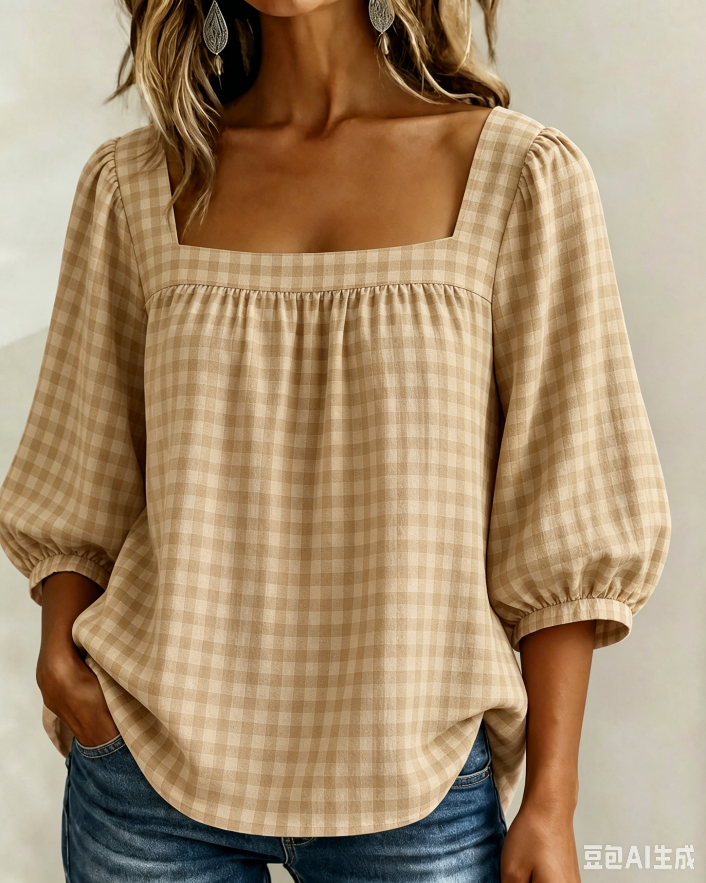 🔥CLEARANCE SALE🔥Women's Square-neck Short-sleeved Casual Plaid Loose Seersucker Top