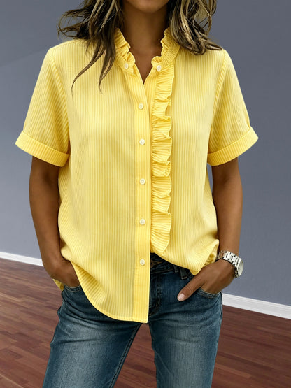 NEW🔥Women's Stand Collar Short-sleeved Casual Button-up Loose Striped Ruffle Top