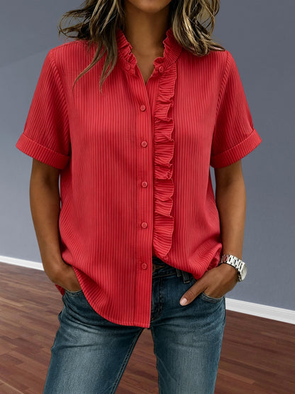 NEW🔥Women's Stand Collar Short-sleeved Casual Button-up Loose Striped Ruffle Top