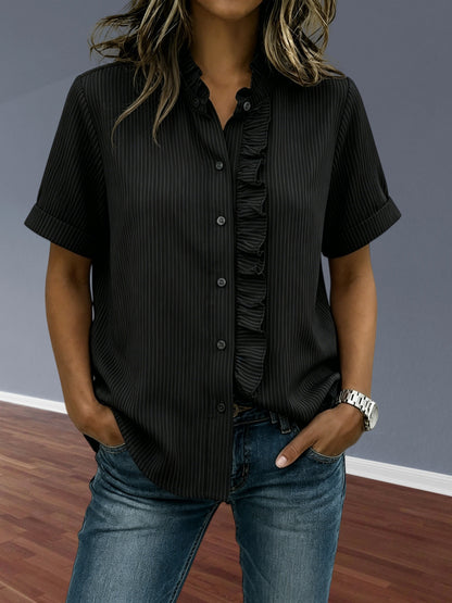 NEW🔥Women's Stand Collar Short-sleeved Casual Button-up Loose Striped Ruffle Top