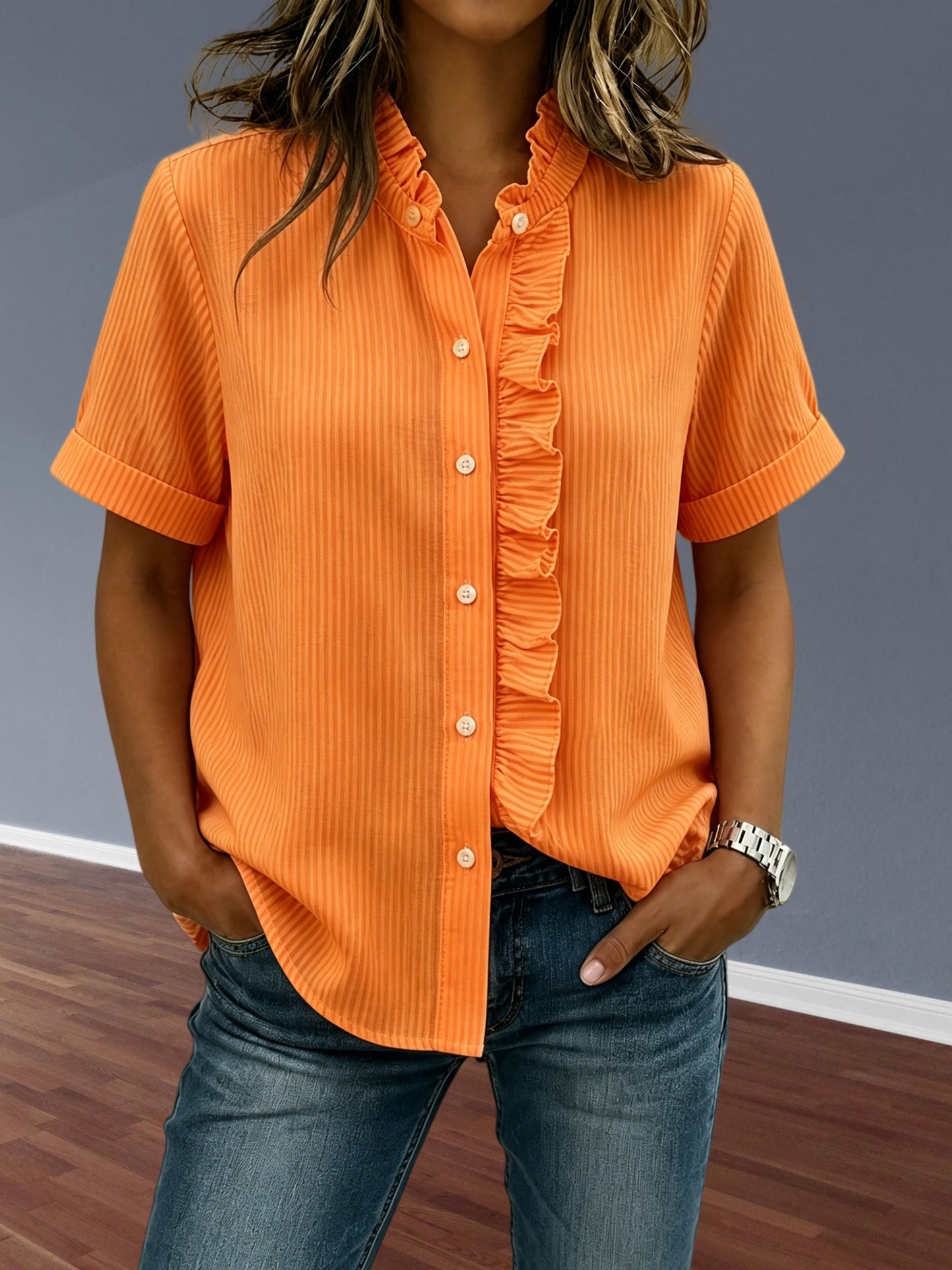 NEW🔥Women's Stand Collar Short-sleeved Casual Button-up Loose Striped Ruffle Top