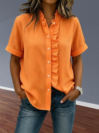 NEW🔥Women's Stand Collar Short-sleeved Casual Button-up Loose Striped Ruffle Top