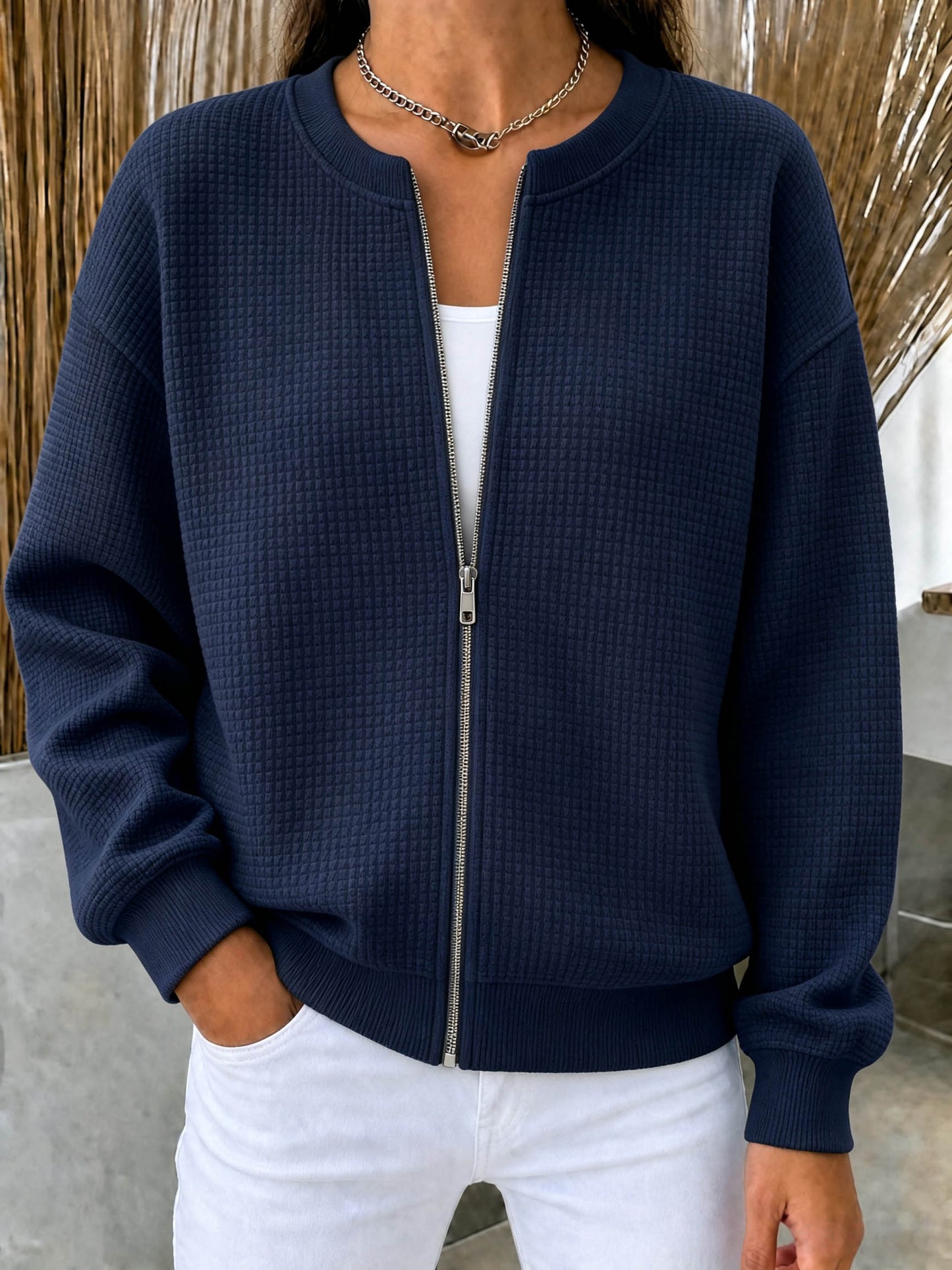 🔥CLEARANCE SALE🔥Women’s Waffle Knit Zip-Up Crewneck Jacket