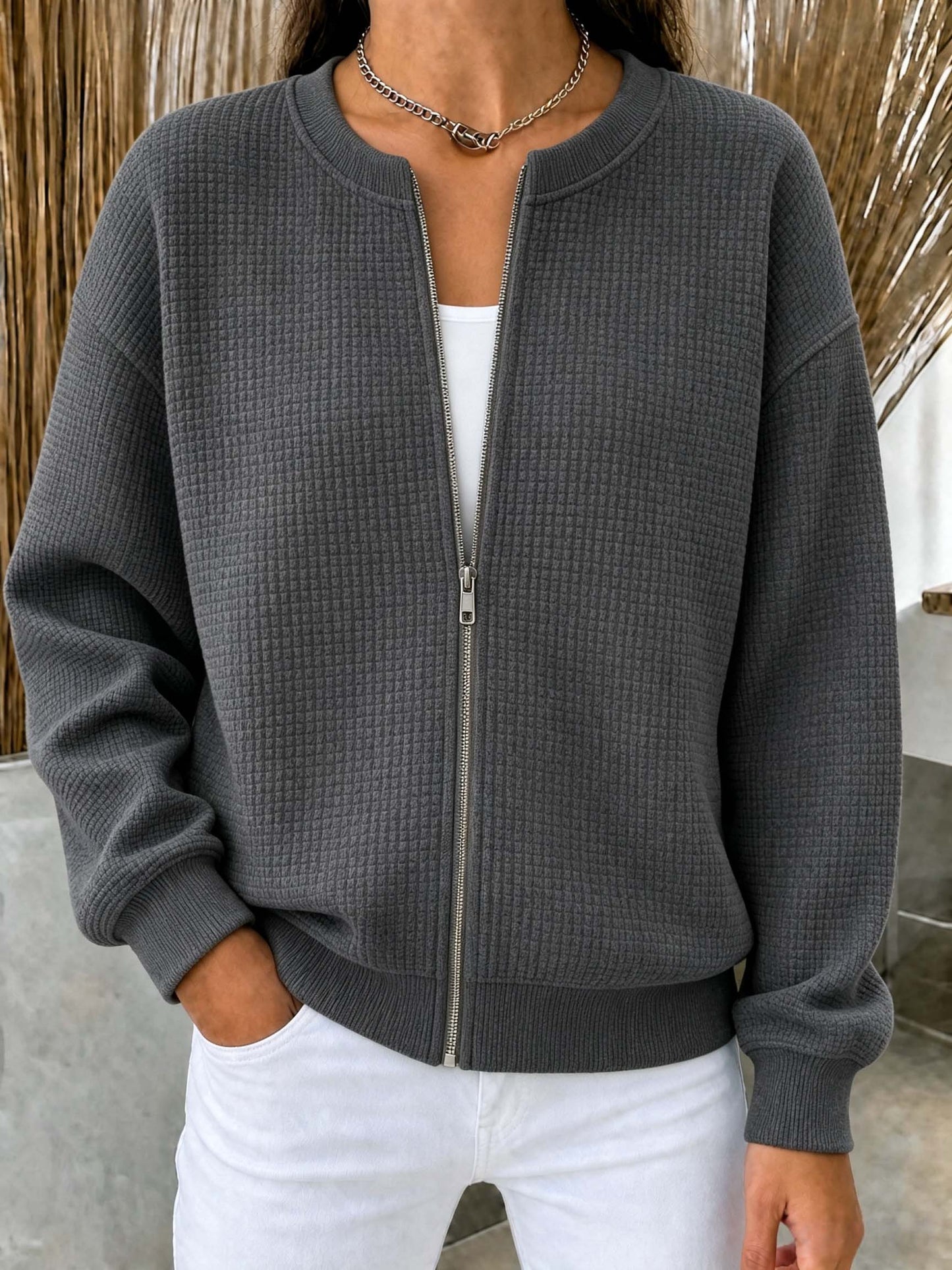 🔥CLEARANCE SALE🔥Women’s Waffle Knit Zip-Up Crewneck Jacket