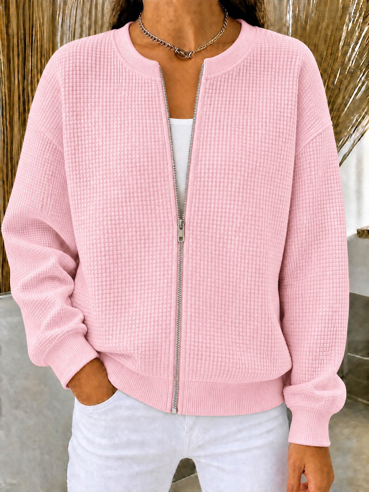 🔥CLEARANCE SALE🔥Women’s Waffle Knit Zip-Up Crewneck Jacket