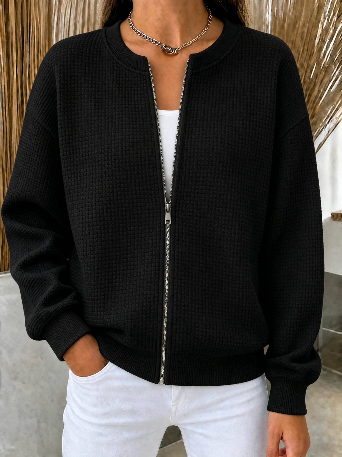 🔥CLEARANCE SALE🔥Women’s Waffle Knit Zip-Up Crewneck Jacket